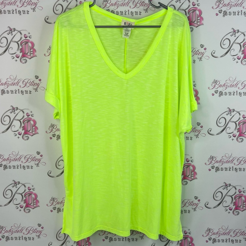 BiBi Neon tshirt tee green Yellow V-Neck Short Sleeve Top
